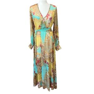 Galda Paris Boho Maxi Dress Women's M Long Sleeve Belted Patchwork Animal Floral